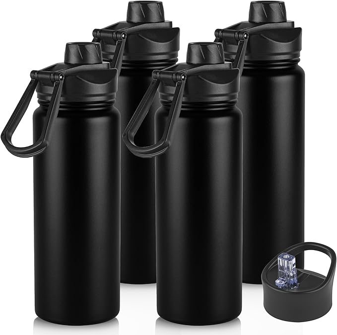 24oz Insulated Water Bottle with Straw Lid, Stainless Steel Metal Water Bottle with Straw & Wide Mouth Lid, Double Wall Vacuum Water Bottle for Hiking Camping, Black 4 Pack