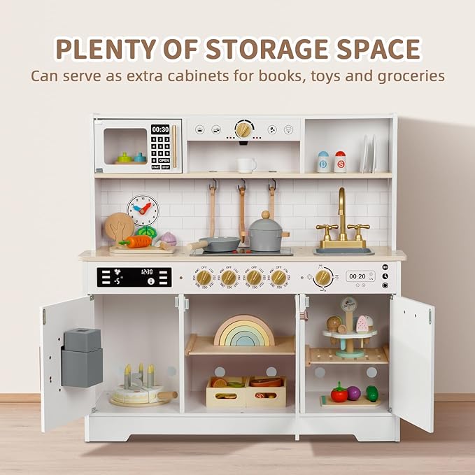 OOOK Kids Play Kitchen Set with Plenty of Features, Sink, Oven, Stove, Dishwasher, Coffee Maker, Ice Maker and Microwave, Play Kitchen Sets for Kids Ages 4-8