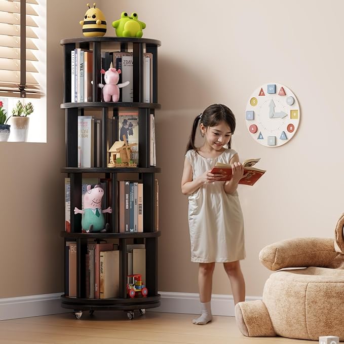 Solid Wood Rotating Bookshelf on Wheels, 4 Tier, Round Revolving Bookcase, 360° Spinning Book Shelf Tower for Kids, Narrow Rolling Bookshelves for Small Space, Corner, Bedroom, Office, Black