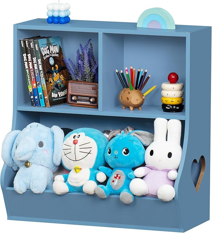 Lerliuo Baby Toddler Bookshelf and Storage Organizer, Kids Cabinet and Bookcase, Wooden 3 Cubby Children Book Shelf for Playroom, Bedroom, Nursery, School 23.62'' H (Blue)