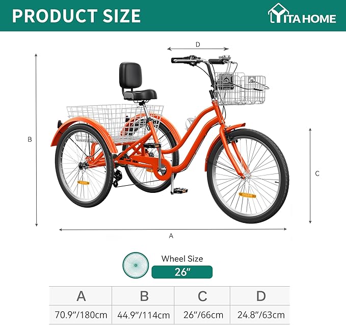 YITAHOME 24 & 26 Inch Adult Tricycle, 1 & 7 Speed 3 Wheel Bikes, Large Seat with Backrest Trike for Adults with Front & Rear Baskets, Cruiser Bike for Seniors Women Men Commute Picnic Outdoor