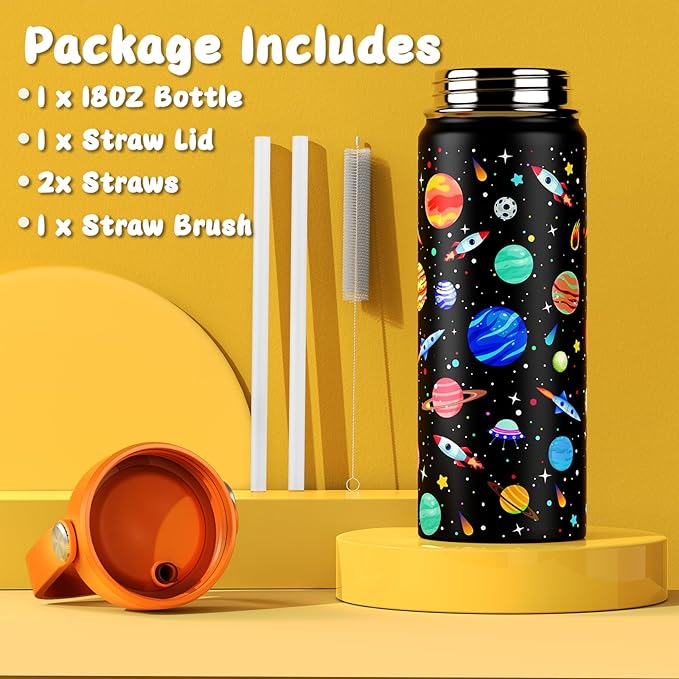 18oz Kids Insulated Water Bottle with Straw Lid - 18/8 Stainless Steel Kid Cup BPA-FREE Travel Tumbler Double Wall Vacuum Leak Proof Portable Toddler Water Bottle (Space)