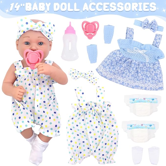 UNICORN ELEMENT 14 Inch Baby Doll with Accessories, Reborn 14 inch Baby Dolls Clothes Included Feeding Bottles, Diapers, Pacifier, Best Gift for Ages 3+