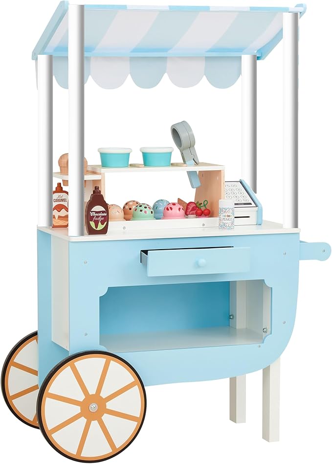 Teamson Kids My Little Helper Ice Cream Cart with Pretend Money, Colorful Magnetic Ice Cream Scoops and Chalkboard Panel, Blue/White
