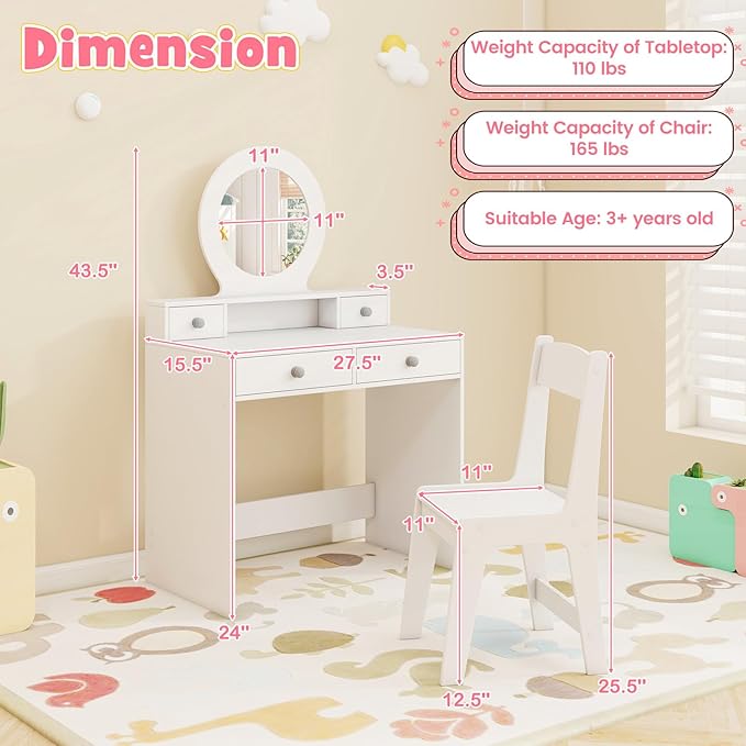 HONEY JOY Kids Vanity, Little Girls Vanity Set with Mirror and Stool, Drawers, Toddler Makeup Vanity Dressing Table, Wooden Pretend Play Kids Vanity Table and Chair Set (White)