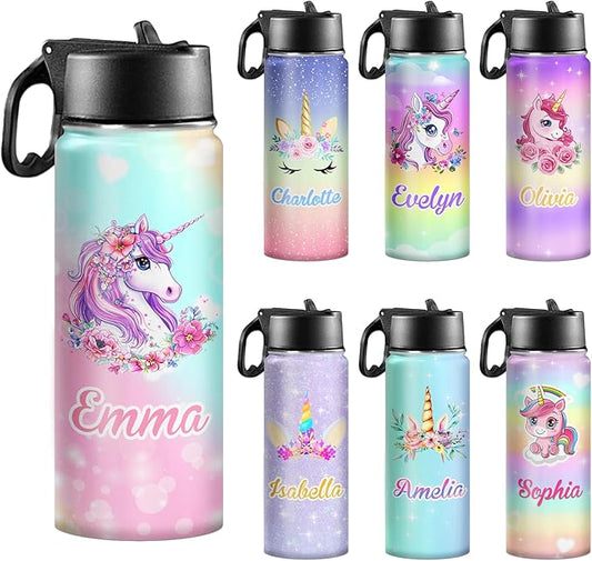Personalized Water Bottles for School Custom Water Bottle for Kids with Name 18oz Insulated Sport Stainless Steel Cup with Straw Lid Customized Easter Birthday Back to School Gifts for Boys Girls