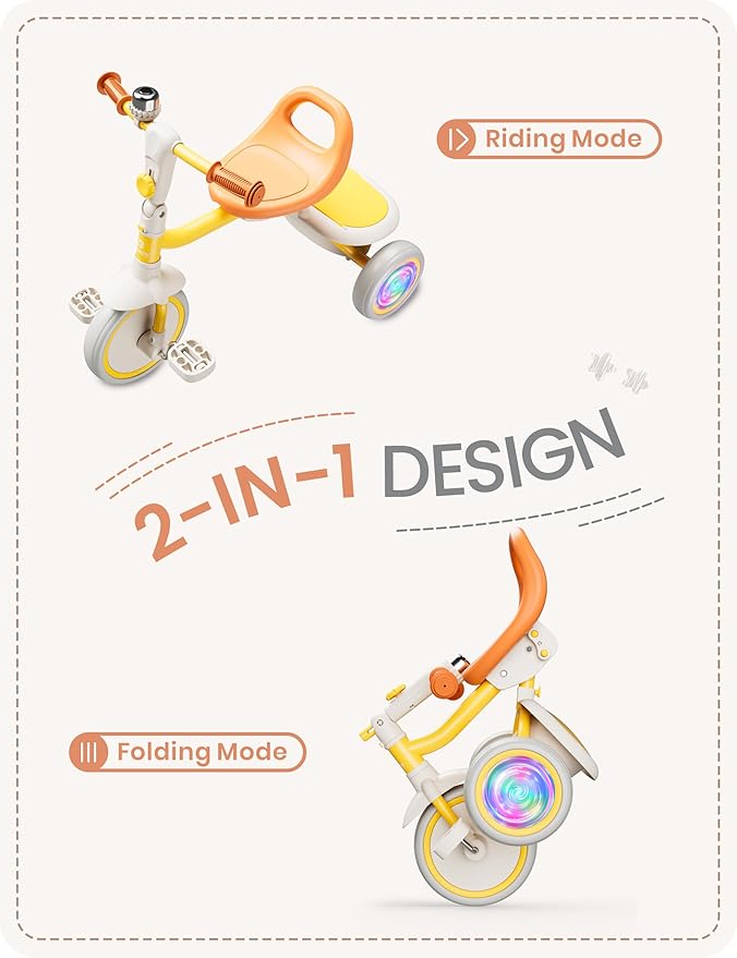 besrey Colorful Lighting Toddler Tricycle for Ages 18 Months to 5 Years, Toddler Bike with Bell, Kids Tricycle, Gift for 2-5 Year Olds, Toy for Boys and Girls, Tricycle for Toddlers, Yellow