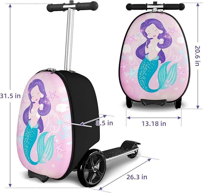 Scooter Suitcase for Kids, 2 in 1 Ride-on Luggage with Flash PU Wheels, Adjustable Handle & TPR Non-Slip Grip, Foldable & Lightweight, Ages 5-12