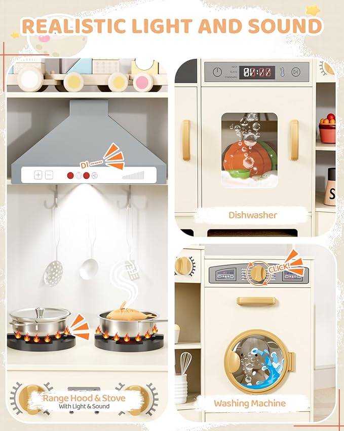 MAMIZO Wooden Corner Play Kitchen, Large Ultimate Interactive Toddler Pretend Kids Kitchen Playset with Blackboard, Stove & Range Hood w/Light & Sound, Ice Maker, Washing Machine, 6 Toy Set (Cream)