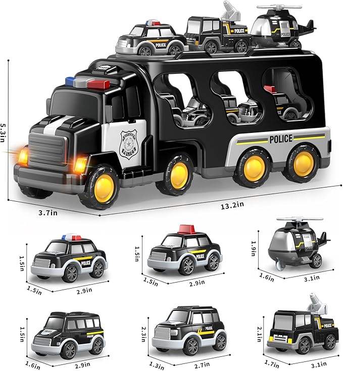 7 in 1 Police Trucks Cars Toys for Toddlers 3-5, Boy Toddler Car Truck Toys with Light Sound, Birthday Gifts Toys for 3 4 5 6 Year Old Boy, Transport Carrier Truck for Toddlers 3-5 Years