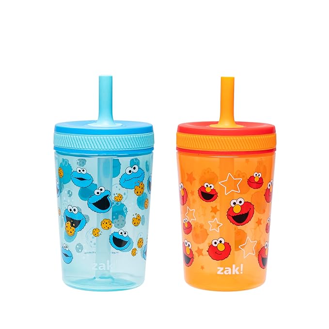 Zak Designs Sesame Street Kelso Toddler Tumblers For Travel or At Home, 15oz 2-Pack Durable Plastic Sippy Cups With Leak-Proof Design is Perfect For Kids (Elmo and Cookie Monster)