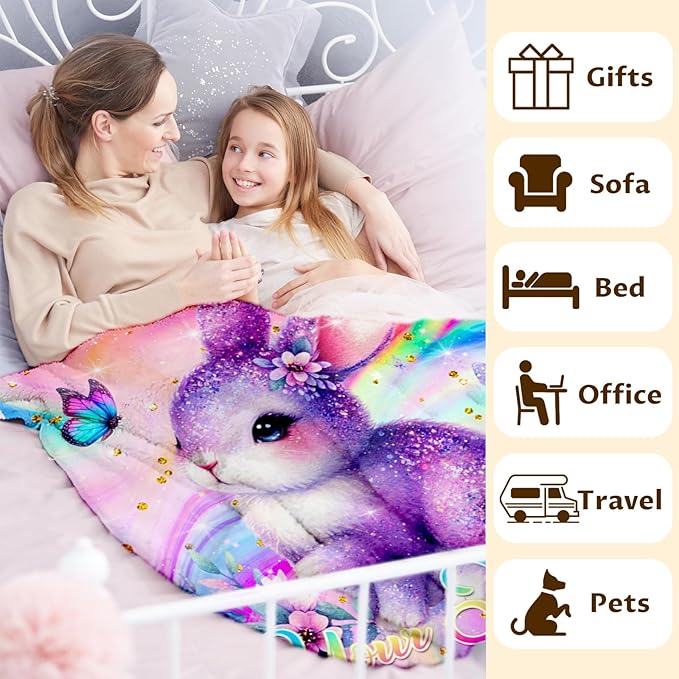 Personalized Blanket for Girls, Bunny Throw Blanket Gift for Kids Teens, Custom 80"x60" Soft Cozy Blankets for Couch Sofa Bed Travel Bedroom Decor