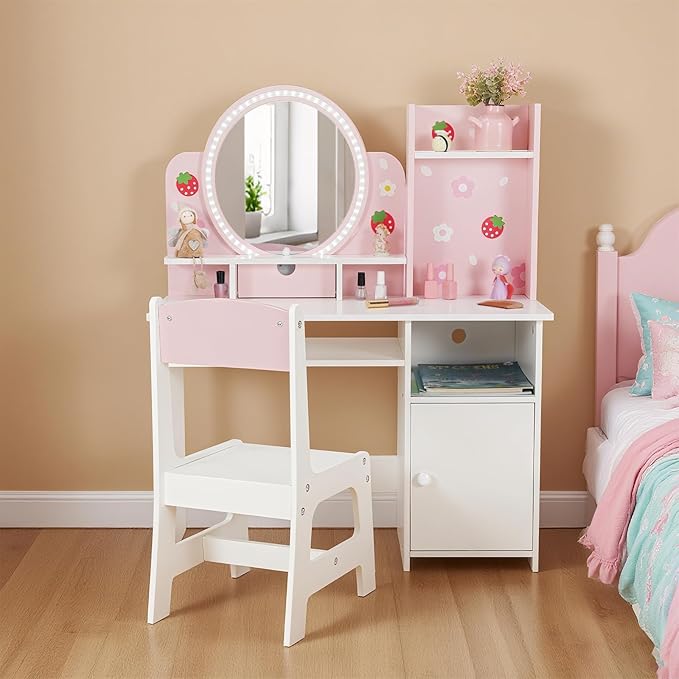 JOYLDIAS Kids Vanity with Lights, Pink Girls Makeup Vanity with Open Bookshelf, Storage Cabinet & Shelves, 2 in 1 Toddler Vanity Desk and Chair Set, Dressing Table for Kids 3+