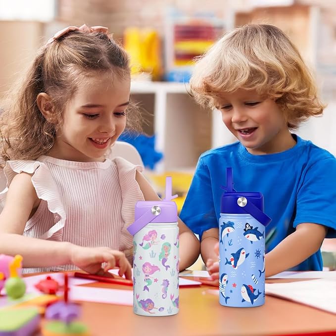 Mermaid Kids Water Bottle With Straw Lid 12oz Insulated Stainless Steel, Travel Tumbler, Gifts For Girls, Birthday, Christmas, Back To School