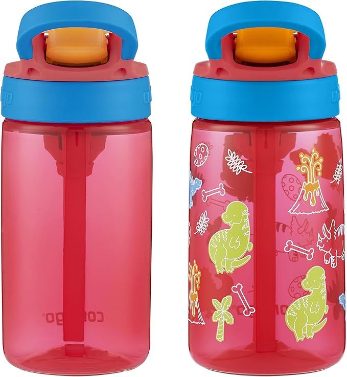 Contigo 14oz Kids Cleanable Water Bottle with Silicone Straw and Spill-Proof Lid, 2-Pack in Watermelon & Dinos, Dishwasher-Safe