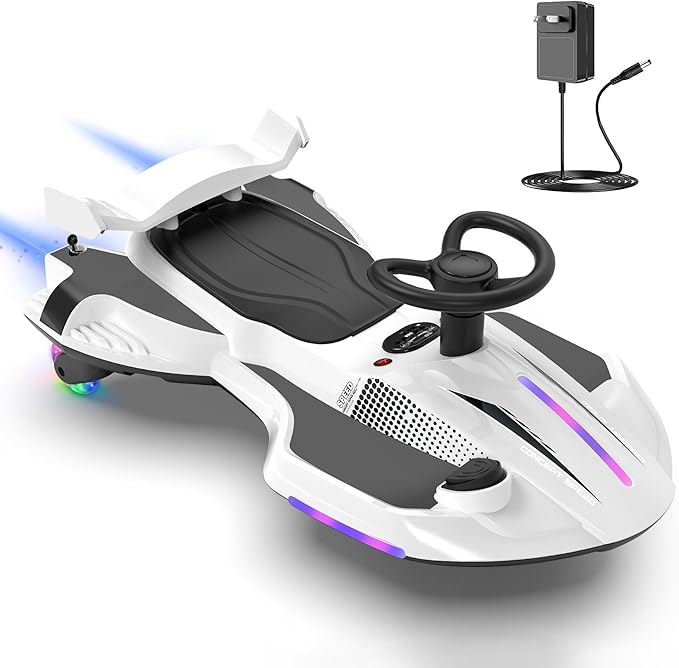 12V Electric Wiggle Car with Pedal for Kids, Rechargeable 2 in 1 Swing Car, Drifting Ride On Toys with Backrest, Anti-Rollover, Spray, Flashing Light, Music, for Ages 3 and Up, 150 Lbs (White)