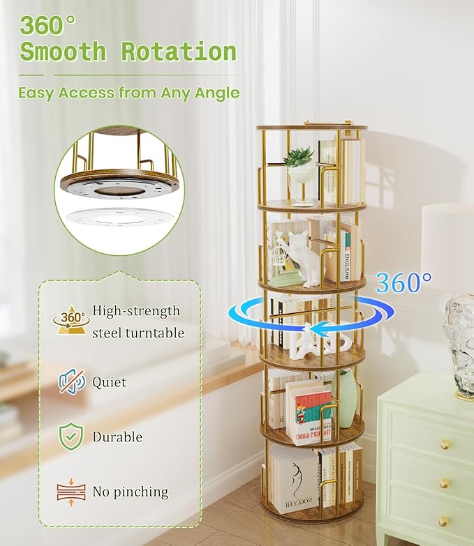5 Tier Round Rotating Bookshelf Tower Gold,62” Tall Space Saving Spinning Bookshelf with Anti-Tipping Design,Metal Standing Revolving Bookcase Stackable for Small Spaces,Study,Living Room