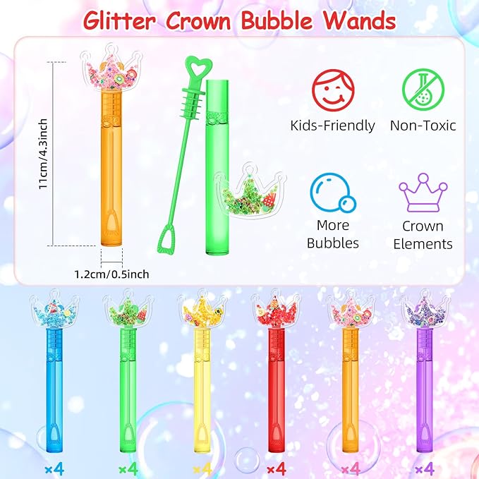 AFZMON 24Pcs Glitter Princess Bubble Wands for Kids, Crown Party Favors Mini Bubbles Birthday Gift Toy Goodie Bag Stuffers Classroom Prizes Wedding Party Supplies