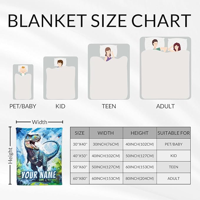 Kids Custom Dinosaur Blankets for Boys - Lightweight Dino Flannel Toddler Personalized Throws and Blanket for Home Crib