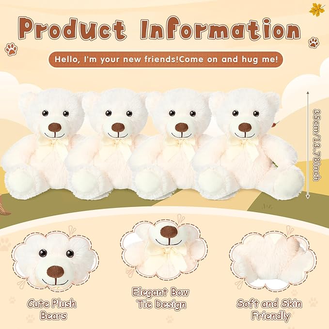 Civaner 4 Pack 14 Inches Bear Plush Stuffed Animals Operation Christmas Cute Soft Bears Gifts Bulk for Girls Boys Girlfriend(White)