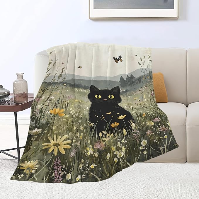 Black Cat Blanket Floral Wildflower Kitten Throw Blankets Gifts for Girls Boys Kids Cat Lover Soft Cozy Fleece Plush for Couch Sofa Bed 60"x50"