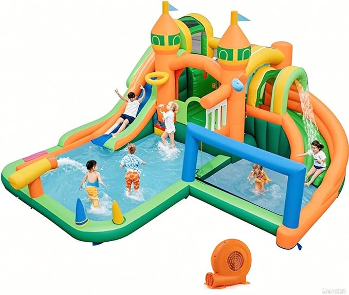 BOUNTECH Inflatable Water Slide, 9 in 1 Dual Slides Kids Water Park Jump Castle Water Soccer, Splash Pool, Water Slides Inflatables for Outdoor, Backyard Water Slide Bounce House with GFCI Blower
