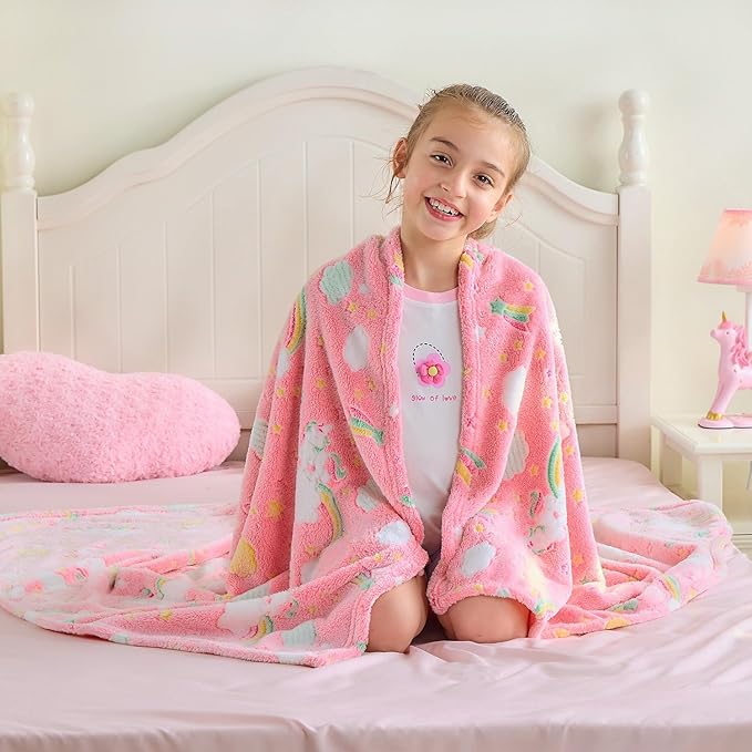 Wajade Rainbow Gifts Toys for Girls - Glow in The Dark Rainbow Blanket Birthday Christmas Decor for Kids Age 3 4 5 6 7 8 9 10 11 12 Years Old Teens Child Toddler Throw Pink 50"x60"