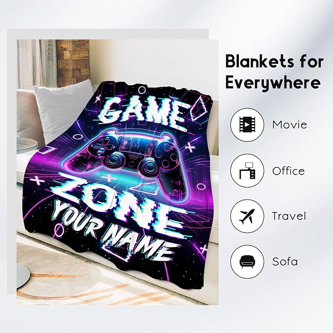 Personalized Gaming Blanket for Boys Men, Custom Gamer Gifts for Kids Teen, 30"x40" Flannel Blankets Gift Ideas for Bedroom, Soft Fuzzy Throws for Couch Office