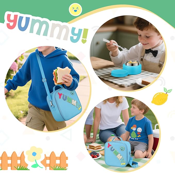 Bento Lunch Box with 10oz Soup Thermo for Kids Insulated Lunch Bag & Foldable Silicone Cup Food Leak Proof Food Container with 5 Compartment for Kid to Shool Travel