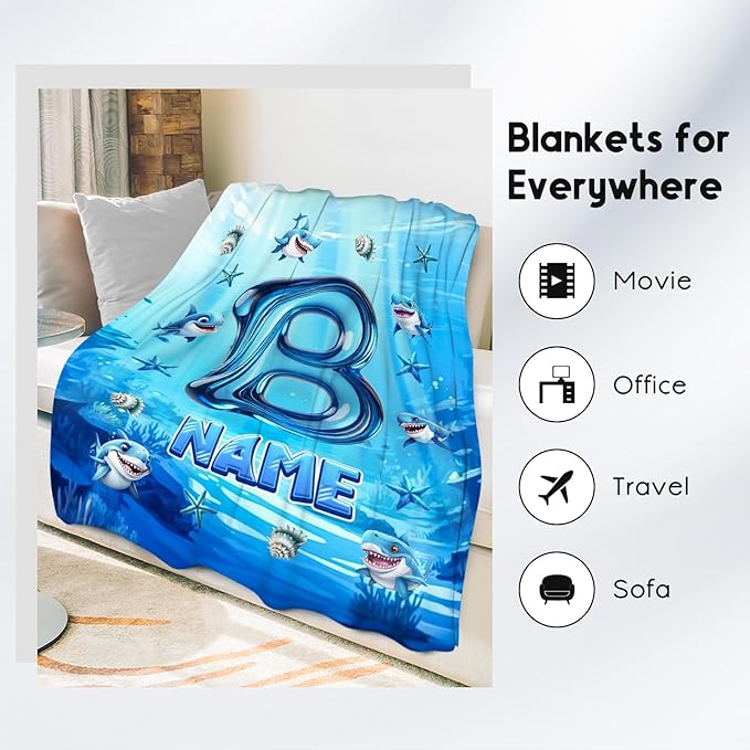 Personalized Shark Blanket - Initial Gifts for Kids Boys - Custom Flannel Cozy Blankets for Living Room, Office