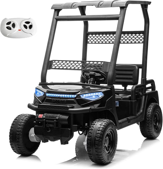 24V 2 Seater Kids Ride on Car, 4WD Golf Cart with Parent Remote Control, 4x4 Motors Ride on Truck with Roof, Toddler Electric Vehicle with Storage Box, Foot Pedal, Music Player, Lights, Horn, Black