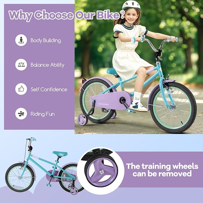 BABY JOY Colorful Macarons Kids Bike, 12 14 16 18 Inch Sporty Children's Bicycle with Training Wheels, Adjustable Handlebar & Saddle, Handbrake & Coaster Brake, Boys Girls Bike for 3-8 Years Old