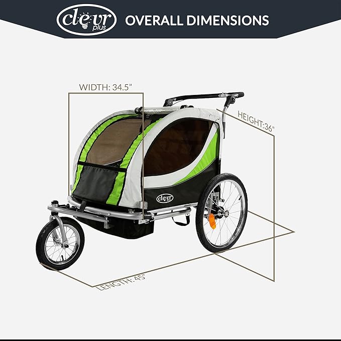 ClevrPlus Deluxe 3-in-1 Double 2 Seat Bicycle Bike Trailer Jogger Stroller for Kids Children | Foldable Collapsible w/Pivot Front Wheel