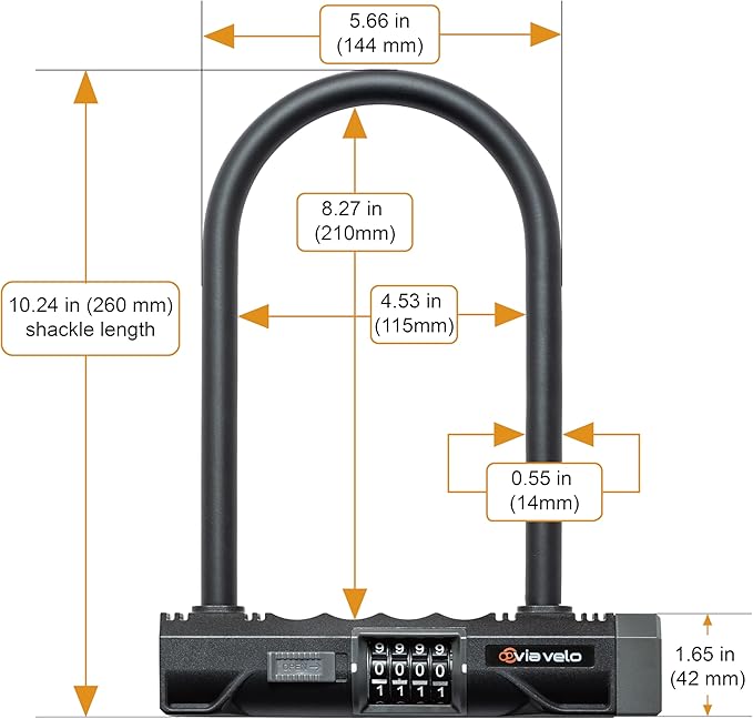 Via Velo Heavy Duty U-Lock with 4-Digit Resettable Combination & 5ft Steel Cable, Anti-Theft Bike Lock for Bicycles, Scooters, and Electric Bikes