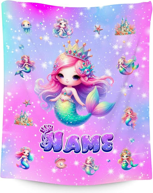 Mermaid Blanket for Girls - Personalized Blankets Gifts for Kids Toddler - Soft Fuzzy Cozy Throws for Sofa, Living Room, 4 Size