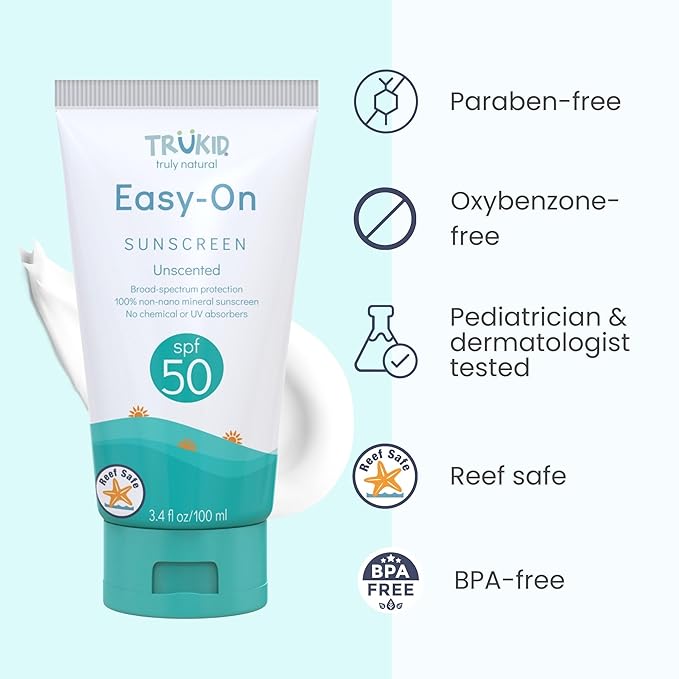 TruKid Easy On Mineral Sunscreen SPF 50 - All Natural Kids & Baby Sunscreen for Face & Body, Non-Toxic Zinc Oxide Sunblock Protection for Sensitive Skin, Unscented, FSA Eligible, Travel Size 3.4oz