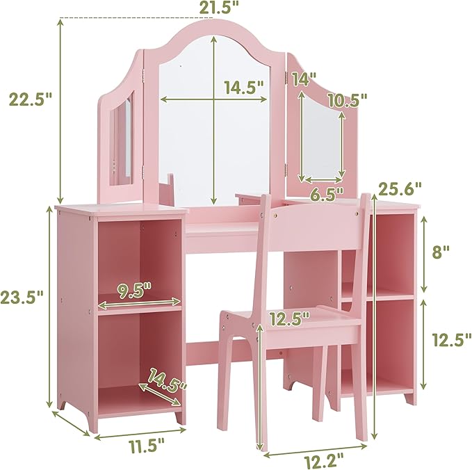 2 in 1 Kids Vanity Set, Princess Makeup Vanity Storage Cabinet with Detachable Top, Girls Vanity Set with Tri-fold Mirror for Age 3-9 (Pink with Chair)