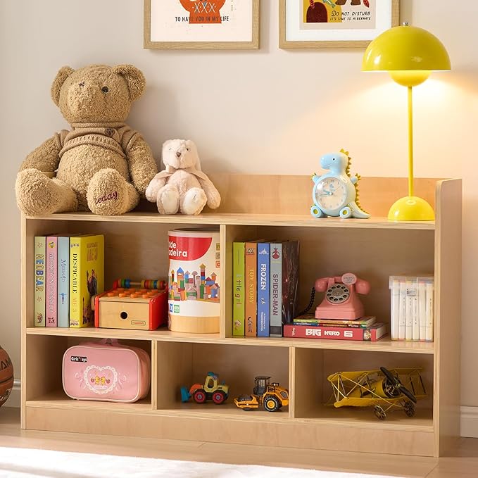 Wooden Storage Cabinet, 2-Tier Montessori Bookshelf, 5-Section Kids Toy Storage Organizer Toddler Book Shelf, Book Shelf for Kids Rooms, Playroom and Preschool