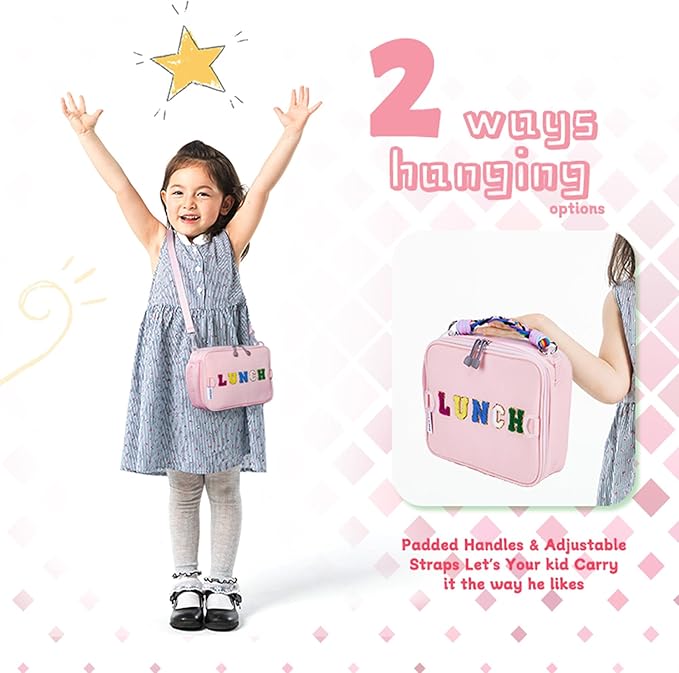 Lunch Bag Kids,Insulated Lunch Bag for Girls with Shoulder Strap,Easy Holds Lunch Box,Snacks and Water Bottle Together,Keep Foods Fresh in School or Picnic (Pink)