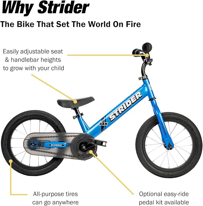 Strider 14x, Balance Bike for Kids 3 to 6 Years - Includes Custom Grips, Padded Seat, Performance Footrest & All-Purpose Tires - Easy Assembly & Adjustments