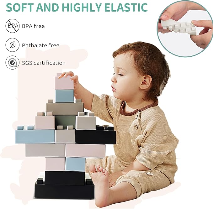 Silicone Blocks for Toddlers 1-3, Montessori Educational Toy Soft Baby Blocks, Large Sensory Stacking Toys for Preschool Learning Creative Play, 24PCS