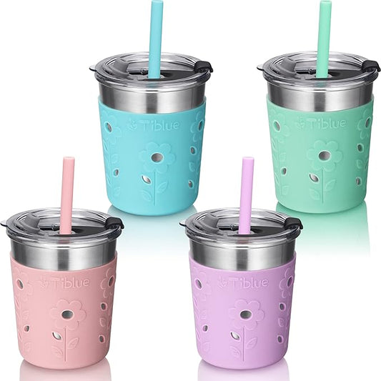 Tiblue Kids & Toddler Cups, Spill Proof Stainless Steel Smoothie Tumblers with Leak Proof Lids, Silicone Straw with Stopper & Sleeve, BPA FREE Snack Cup for Baby Girls Boys(4 Pack, 8oz Multicolor)