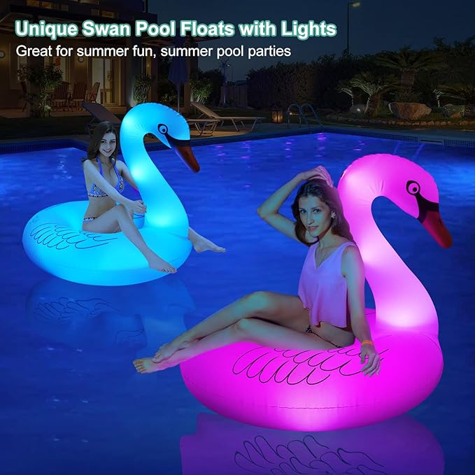 Solar Powered Inflatable Swan Pool Floats with Lights, LED RGB Color Changing Light Up Pool Floats Adult, 42'' Large Swan Pool Floaties, Lake Floats Summer Pool Raft Lounge for Adults - 2 PC