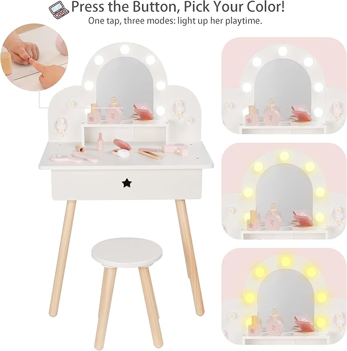 Kids Vanity Set for Girls with Touch-Button 3-Color Light Mirror, Wooden Pretend Play Makeup Table with 11 Accessories, Toddler-Sized Beauty Desk for Ages 3+