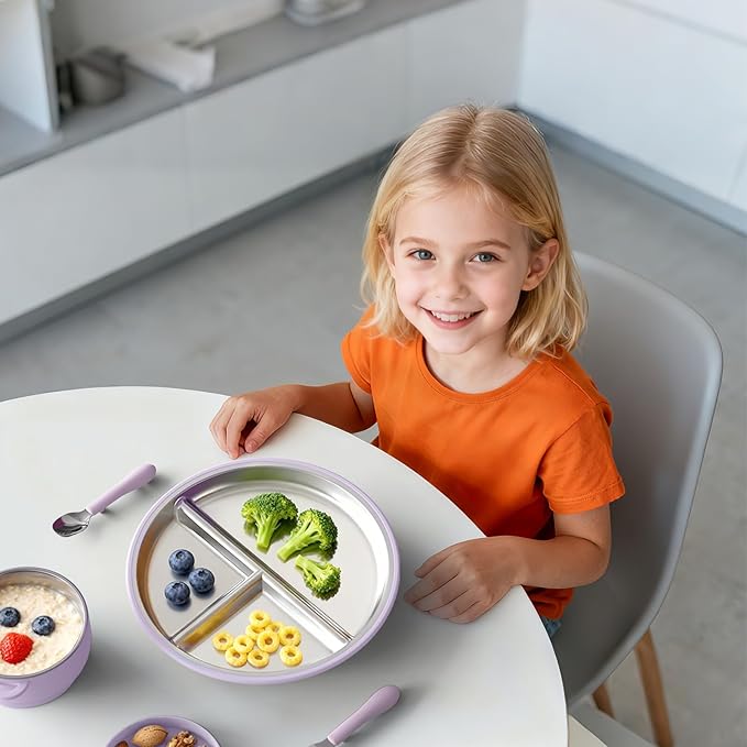 Stainless Steel Baby Plate with Suction, 9” Divided Toddler Plates with Removable Silicone Sleeves for Kids, Non-Toxic Non-Slip Unbreakable Dishwasher Safe Dinnerware Set of 2, Pink & Lilac