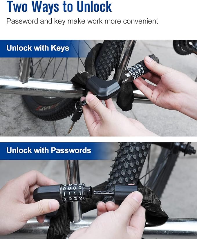 NDakter Upgrade Bike Chain Lock with 4 Digit Combination and 2 Keys, 3.2/4.28 Ft Heavy Duty Anti-Theft Bicycle Lock, 2 Ways to Unlock High Security Scooter Locks for Ebike, Escooter, Door
