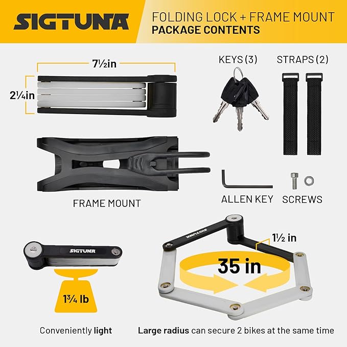 SIGTUNA Folding Bike Lock - Hardened Steel 8mm Fold-Up Heavy Duty Bike Lock with Easy Mounting, Secure Lock and Anti-Scratch Coating - Easily Keep Bike Secure and Paintwork Undamaged - Bicycle Lock
