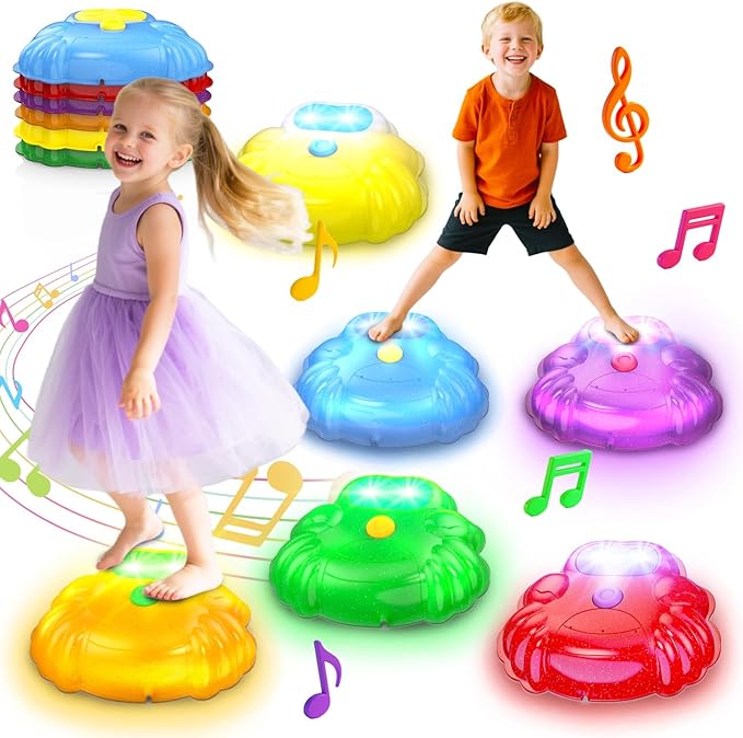 Light up & Sound Stepping Stones for Kids, 6PCS Crab Balance River Stones, Obstacle Course Indoor & Outdoor, Toddlers Sensory Toy, Play Equipment Improve Coordination, Gifts for Boys Girls 3+