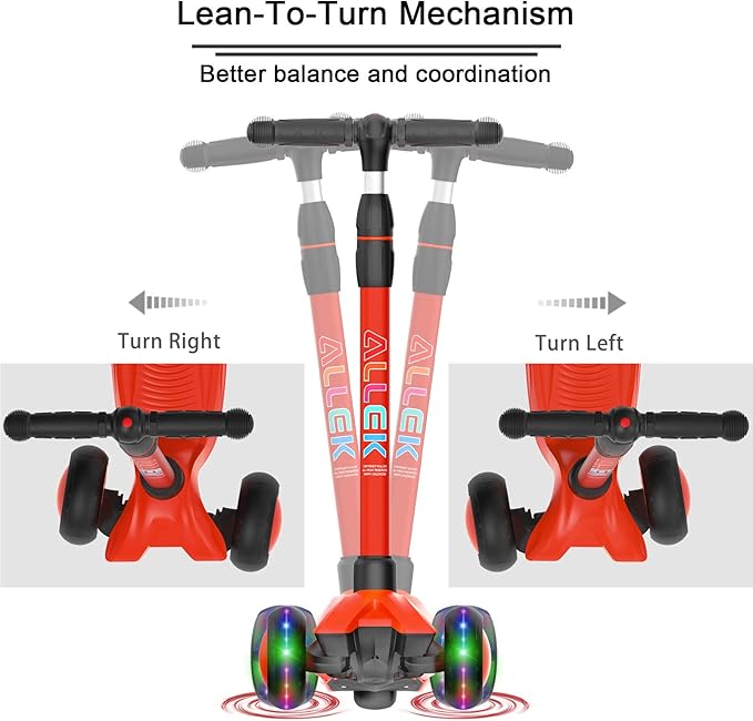 Allek Kick Scooter B03, Lean 'N Glide 3-Wheeled Push Scooter with Extra Wide PU Light-Up Wheels, Any Height Adjustable Handlebar and Strong Thick Deck for Children from 3-12yrs (Red)