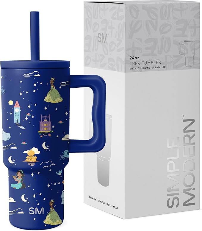 Simple Modern Disney Kids 24 oz Tumbler with Handle and Silicone Straw Lid | Spill Proof and Leak Resistant | Stainless Steel Bottle | Gift for Kids Boys Girls | Trek Collection | Princess Dreams
